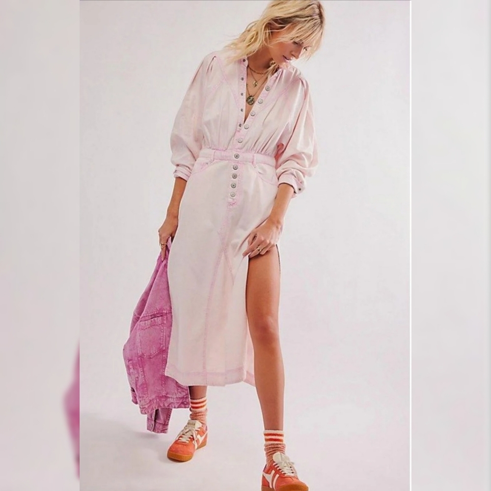 Free People Mad Love Denim Midi Dress in Quartz Pink NWT‎